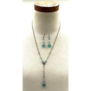 Blue Heart Pendant Necklace and Earrings Set With Crystal Accents On Silver Chai